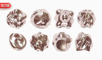 Poster - Set of iron Metaball shapes of objects realistic 3d design. Collection Meteorites asteroids comet Round ball spherical elements. Vector illustration