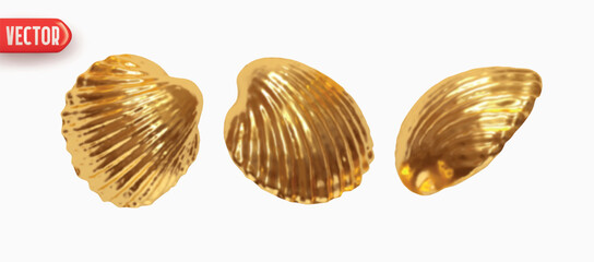 Poster - Collection gold Shell scallop. Set of Scallop seashell closed shapes of objects realistic 3d design. Design elements isolated on white background. Vector illustration