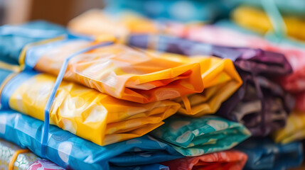 Poster - Closeup of a bundle of colorful beeswax wraps, a sustainable alternative to singleuse plastic wrap for storing food.