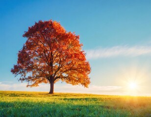 Tree on grass field and blue sky with sunset.