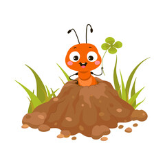 Wall Mural - Cute cartoon ant looking from ground hill. Funny insect on ant hill with green plant. Nature forest or garden character, nowaday vector print template