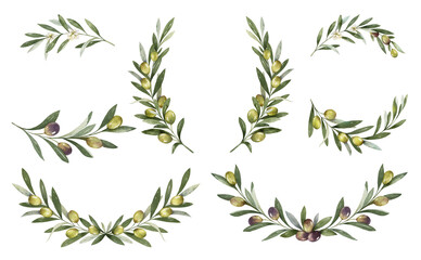 Wall Mural - Watercolor set of frames and wreaths of olive branches. Design for invitations, cards, stickers, albums, fabric, home decoration.  Holiday decor.  Hand drawn illustration.