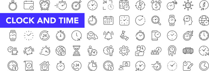 Poster - Time and Clock icon set with editable stroke. Timer and calendar thin line icon collection. Vector illustration