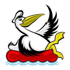 Sticker - Pelican bird in captain's cap icon on white background.