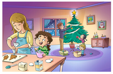 Sticker - Escena de familia en casa preparando todo para Navidad