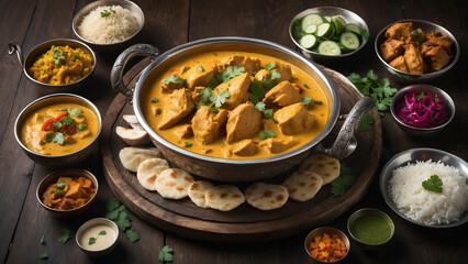 Wall Mural - A photograph showcases a steaming bowl of Chicken Korma, its velvety texture and rich aroma enticing you to dive into the depths of the dish on the dark wooden table and that is this iconic Indian mea