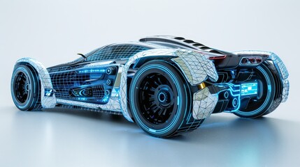 Poster - futuristic electric car with holographic wireframe technology on white background