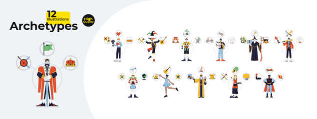 Aufkleber - Archetypes psychology 2D linear illustration concept bundle. Archetypal cartoon characters isolated on white. Universal models multicultural people abstract flat vector outline graphic collection
