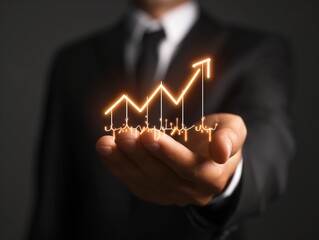 Businessperson presenting a digital graph indicating growth, symbolizing financial success and investment strategy.