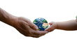 © Anastasia YU - an elderly man passing the globe to a child, isolated, earth day concept