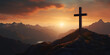 Cross at top of hill mountain,Silhouettes of crucifix symbol on top mountain with bright sunbeam on the colorful sky background
