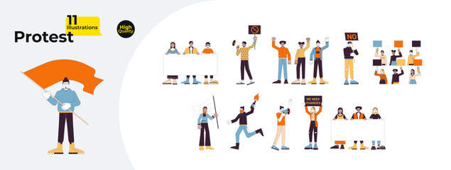Poster - protest demonstration line cartoon flat illustration bundle. multicultural people protesting placard