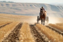Working Horse Plowing Wheat Field With A Plough. Generative Ai