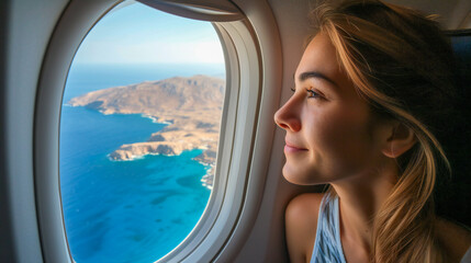 A young woman in airplane and a mediterranean landscape seen through the window