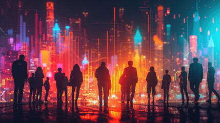 Poster - silhouetted figures against a city skyline, overlaid with luminous stock market charts. It symbolizes the human aspect of the financial industry and the impact of economic changes on society