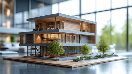 Poster - A detailed architectural model home basks in soft daylight, surrounded by meticulously designed greenery, highlighting sustainable living and modern design