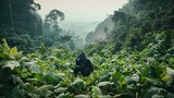 A mountain gorilla sits peacefully in the thick vegetation of the Bwindi Impenetrable Forest, its eyes fixed thoughtfully off in the distance.