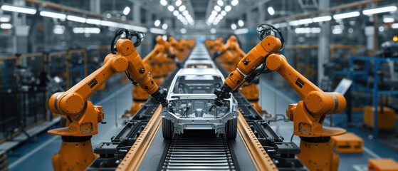 Aufkleber - Automated robotics arms efficiently assembling a car on a production line, showcasing precision and advanced manufacturing technology