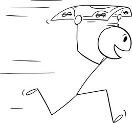 Wall Mural - Person Running With Dollar Bill, Vector Cartoon Stick Figure Illustration