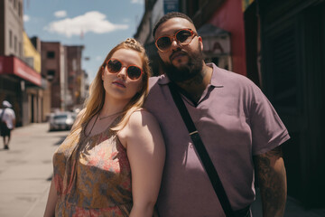 Happy couple of two body positive persons, street photo. Concept of loving who you are