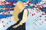 Fototapeta Las - Ilustracja młoda kobieta w długiej sukni na tle kwitnącego drzewa wiśni i nieba.