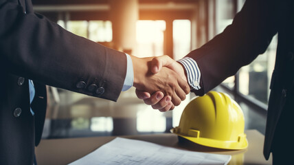 A businessman and an engineer shaking hands, symbolizing collaboration and partnership between business and technical expertise.