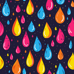 Poster - Blobs colorful seamless pattern, dribble abstract dark background. Color drops falling down in cartoon style, rain elements vector poster for print design illustration