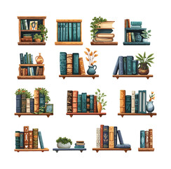 Wall Mural - bookshelves with books, houseplants, frames and watches in cartoon style. object of wooden furniture