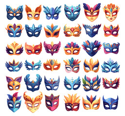 Canvas Print - Carnival masks, with feathers and patterns, big vector set. Venetian jewelry for masquerades, balls, and holidays, in detailed cartoon style. Anonymity accessories isolated on white background