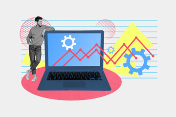 Poster - Collage young businessman look at laptop screen optimization of money spends in company using technology isolated over white background