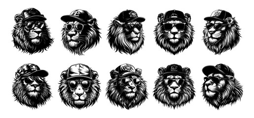 Wall Mural - Lion heads with glasses and cap. Black and white concepts in linear graphic style. Cat avatars, king of animals, for printing, design, vector set isolated on white background