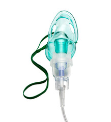 close up image of an oxygen mask from front on green gradient