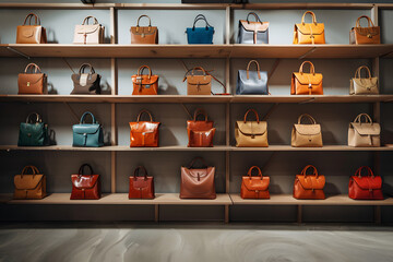 Poster - retail warehouse, designer bags on wooden shelves, minimalist style, emphasis on texture, color, cra