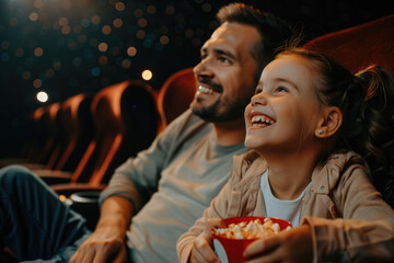 Wall Mural - Happy father and daughter enjoying in movie projection in theater