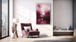 Modern Home Interior Featuring a Mauve Lounge Chair and Atmospheric Red Abstract Wall Art