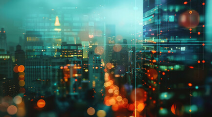 Wall Mural - Abstract, architecture and building background with double exposure effect for finance, trading or business. Bokeh, lights and sunset cityscape wallpaper for corporate, marketing and big data