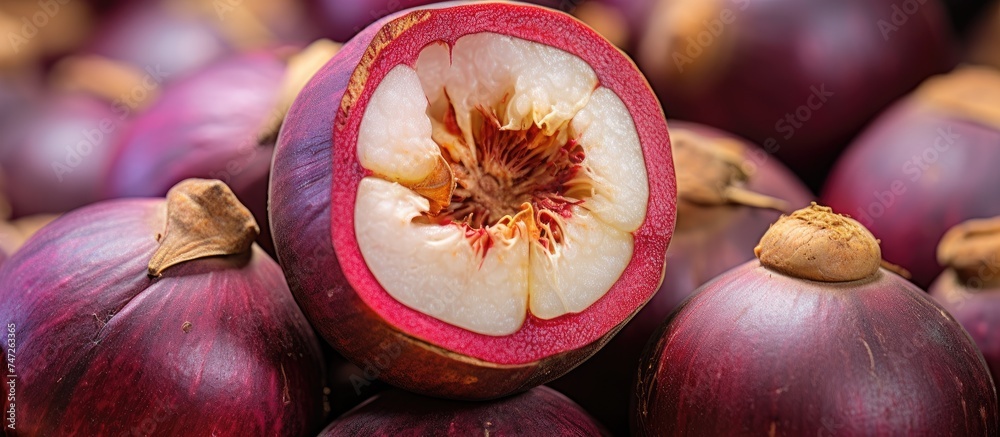 This close up shows a bunch of Thai mangosteen fruits cut in half ...