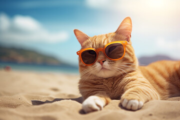 Portrait of funny cat wearing sunglasses resting on sandy beach in a sunny day with coconut leaves on the background