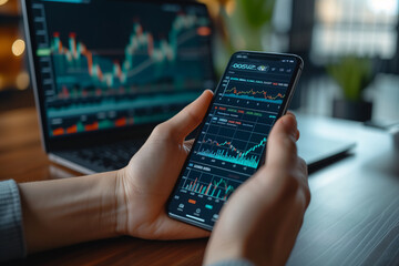 Poster - Close-up of investor hands using smartphone app and laptop to study financial statistics and market trends for trading.