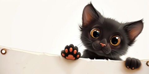 Wall Mural - A cute and funny cartoon-like portrait of an adorable black kitten with fluffy fur.