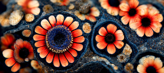 Abstract vibrant orange petals gerbera daisy like rock flowers. 