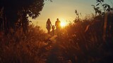 Fototapeta  - people in the park. happy family walking silhouette at sunset. mom dad and daughters walk holding hands in park. happy family childhood dream concept.