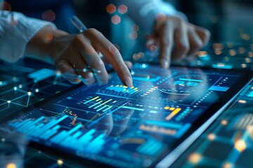 Poster - Close-up of a hand interacting with financial stock market data on a digital tablet screen, highlighting analysis and digital technology.