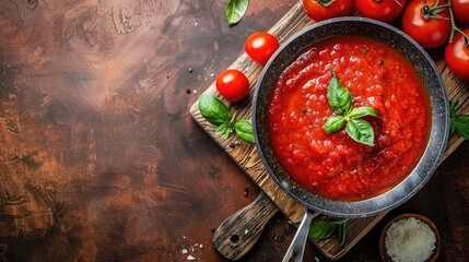 Wall Mural - Classic homemade Italian tomato sauce with basil for pasta and pizza in the pan on a wooden chopping board on brown background, top view.