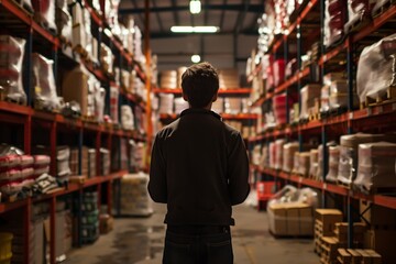Poster - Warehouse employee using a tablet for inventory management, standing amidst rows of shelves with products, illustrating logistics technology.