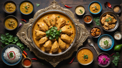 Wall Mural - A top view of a meticulously prepared Chicken Korma reveals layers of complex flavors and textures, creamy sauce on a dark wooden table, the dish is framed by an assortment of vibrant Indian condiment