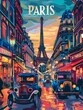 a travel poster showing a Paris street in the 1920's . The word 
