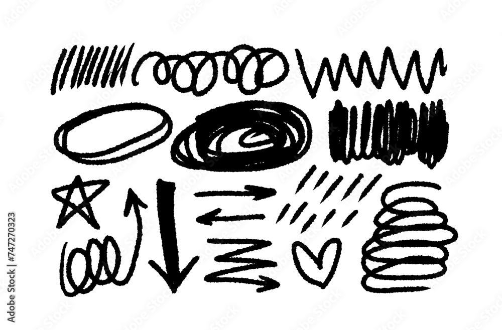 Charcoal graffiti doodle punk and grunge shapes collection. Hand drawn ...