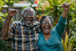 elderly diverse couple celebrate winning something together