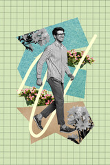 Wall Mural - Vertical collage image of positive black white effect guy walk fresh flowers bouquets isolated on green checkered background